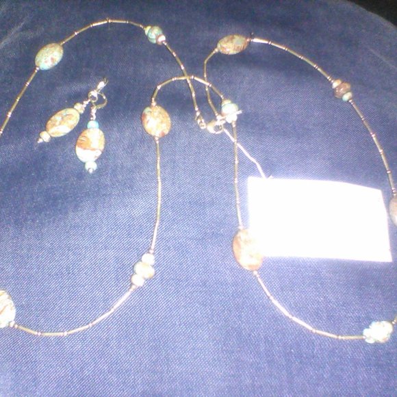 African Turquoise / Sterling Silver 20" Necklace / Earrings - Picture 2 of 7